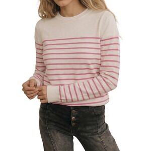 Womens LG Elevated Casual Coastal Preppy Knit Top White Pink Striped Lightweight